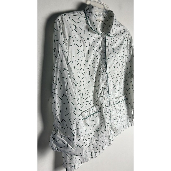 Lake Sz Small White & Green Squiggles Button Up Collared Pyjama Top - Picture 3 of 7
